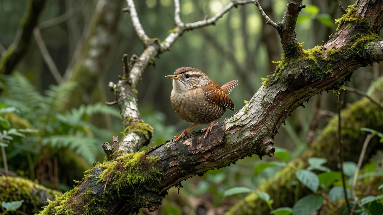 ニレの枝にとまる野鳥