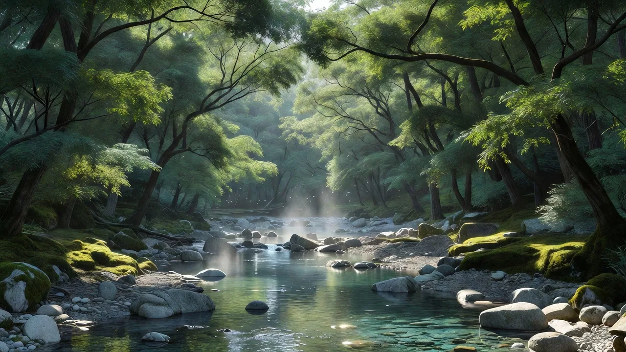 ニレの林を流れる小川
